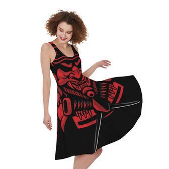 Red Samurai Mask Print Sleeveless Knee Length Dress | Newhawaiianshirts UK