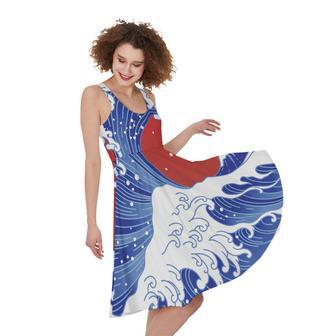 Red Sun Japanese Wave Print Sleeveless Knee Length Dress | Newhawaiianshirts DE