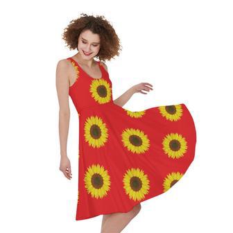 Red Sunflower Pattern Print Sleeveless Knee Length Dress | Newhawaiianshirts