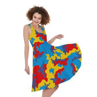 Red Yellow And Blue Camouflage Print Sleeveless Knee Length Dress | Newhawaiianshirts