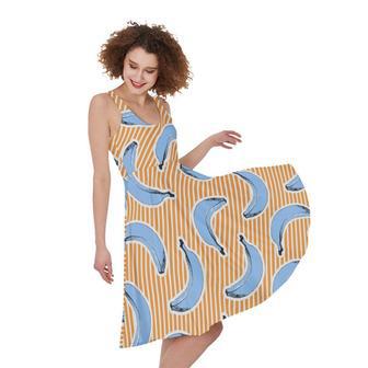 Retro Blue Banana Pattern Print Sleeveless Knee Length Dress | Newhawaiianshirts DE