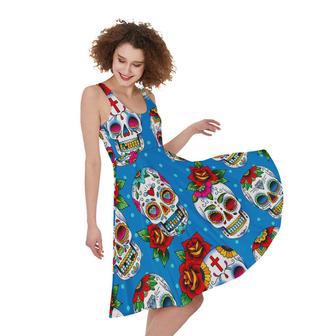 Rose Sugar Skull Pattern Print Sleeveless Knee Length Dress | Newhawaiianshirts CA