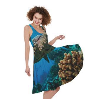 Sea Turtle Underwater Print Sleeveless Knee Length Dress | Newhawaiianshirts UK