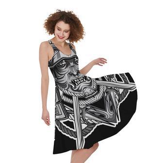 Silver Samurai Mask Print Sleeveless Knee Length Dress | Newhawaiianshirts UK