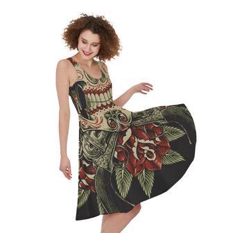 Skull And Roses Tattoo Print Sleeveless Knee Length Dress | Newhawaiianshirts