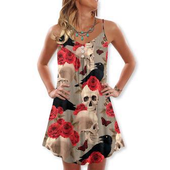 Skull With Rose Flower And Raven Gothic Style - V-Neck Sleeveless Cami Dress | Newhawaiianshirts AU