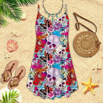 Skulls And Roses Colorful Tropical Spaghetti Strap Summer Dress | Newhawaiianshirts