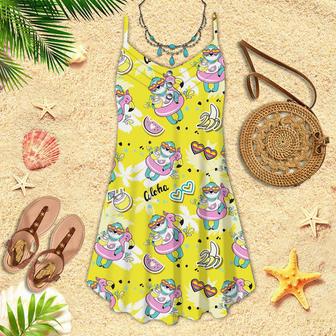 Sloth With Flamingo Circle On A Yellow Beach Spaghetti Strap Summer Dress | Newhawaiianshirts AU