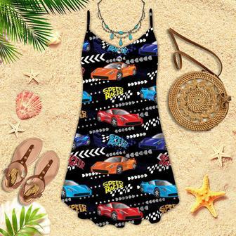 Speed Racer Car On Grunge Cracked Shape Spaghetti Strap Summer Dress | Newhawaiianshirts UK