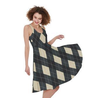 Spruce Blue And Beige Argyle Print Sleeveless Knee Length Dress | Newhawaiianshirts AU