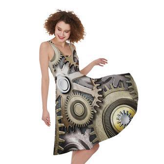 Steampunk Metallic Gears Print Sleeveless Knee Length Dress | Newhawaiianshirts UK