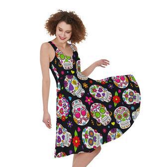 Sugar Skull Pattern Print Sleeveless Knee Length Dress | Newhawaiianshirts AU