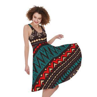 Teal And Brown Aztec Pattern Print Sleeveless Knee Length Dress | Newhawaiianshirts UK