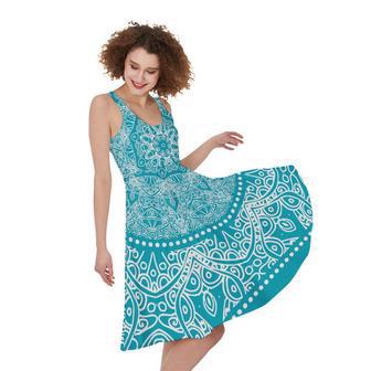 Teal And White Mandala Print Sleeveless Knee Length Dress | Newhawaiianshirts DE