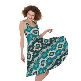 Teal Southwestern Navajo Pattern Print Sleeveless Knee Length Dress | Newhawaiianshirts DE