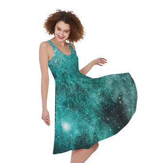 Teal Stardust Galaxy Space Print Sleeveless Knee Length Dress | Newhawaiianshirts DE