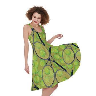 Tennis Ball And Racket Pattern Print Sleeveless Knee Length Dress | Newhawaiianshirts DE