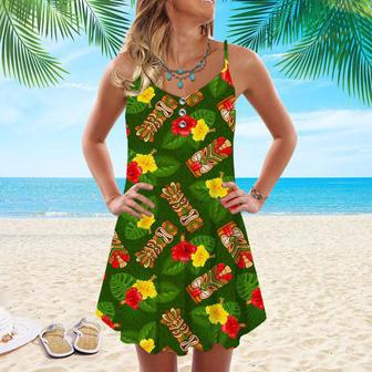 Tiki Mask Hibiscus Flowers Tropical Summer On Paradise Beach Spaghetti Strap Summer Dress | Newhawaiianshirts AU