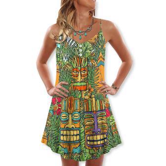 Tiki Mask Tropical Hawaii Sur Board And Palm Leaves - V-Neck Sleeveless Cami Dress | Newhawaiianshirts CA