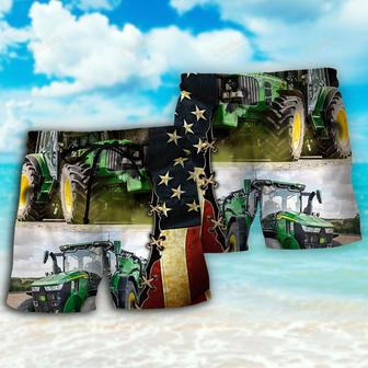 Tractor Independence Day Green Tractor US Flag Beach Short | Newhawaiianshirts DE