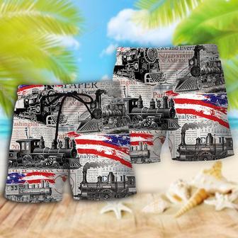 Train Independence Day Retro Train US Flag Beach Short | Newhawaiianshirts DE