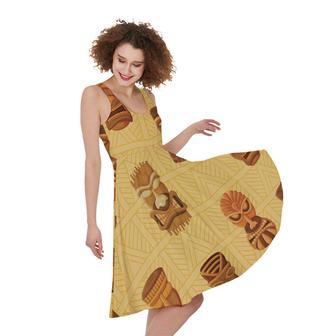 Tribal Tiki Mask Pattern Print Sleeveless Knee Length Dress | Newhawaiianshirts AU