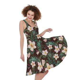 Tropical Frangipani Flower Print Sleeveless Knee Length Dress | Newhawaiianshirts