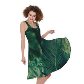 Tropical Green Leaves Print Sleeveless Knee Length Dress | Newhawaiianshirts