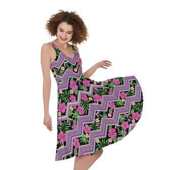 Tropical Hibiscus Flowers Aztec Print Sleeveless Knee Length Dress | Newhawaiianshirts