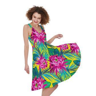 Tropical Lotus Pattern Print Sleeveless Knee Length Dress | Newhawaiianshirts DE