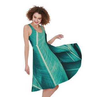 Turquoise Banana Leaf Print Sleeveless Knee Length Dress | Newhawaiianshirts DE