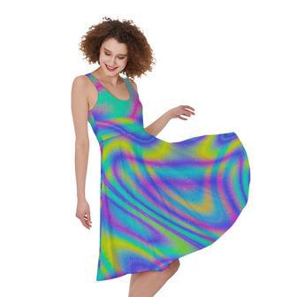 Turquoise Holographic Trippy Print Sleeveless Knee Length Dress | Newhawaiianshirts