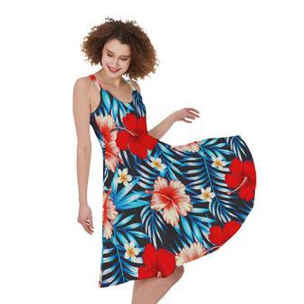 Turquoise Leaves Hibiscus Pattern Print Sleeveless Knee Length Dress | Newhawaiianshirts AU