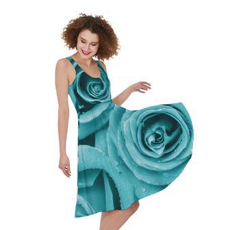 Turquoise Rose Flower Print Sleeveless Knee Length Dress | Newhawaiianshirts AU