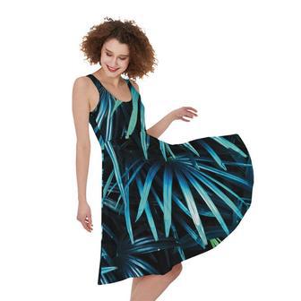 Turquoise Tropical Leaves Print Sleeveless Knee Length Dress | Newhawaiianshirts UK