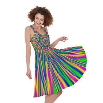 Vibrant Psychedelic Optical Illusion Sleeveless Knee Length Dress | Newhawaiianshirts DE