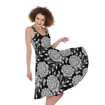 Vintage Black And White Floral Print Sleeveless Knee Length Dress | Newhawaiianshirts