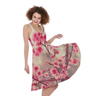 Vintage Cherry Blossom Print Sleeveless Knee Length Dress | Newhawaiianshirts AU