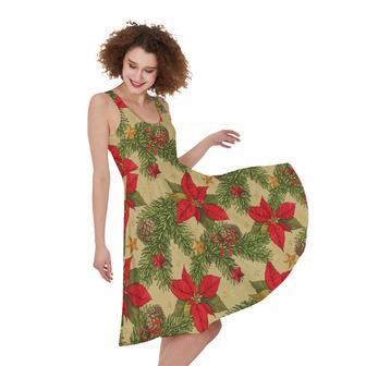 Vintage Christmas Poinsettia Print Sleeveless Knee Length Dress | Newhawaiianshirts UK