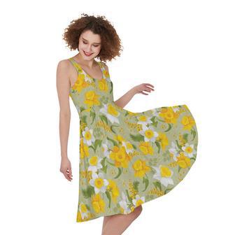 Vintage Daffodil Flower Pattern Print Sleeveless Knee Length Dress | Newhawaiianshirts AU