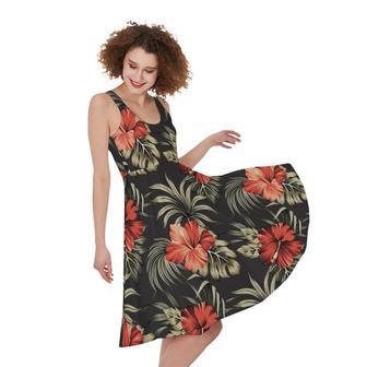 Vintage Tropical Hibiscus Floral Print Sleeveless Knee Length Dress | Newhawaiianshirts DE