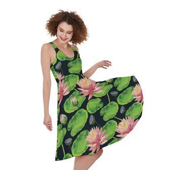 Water Lily Flower Pattern Print Sleeveless Knee Length Dress | Newhawaiianshirts CA