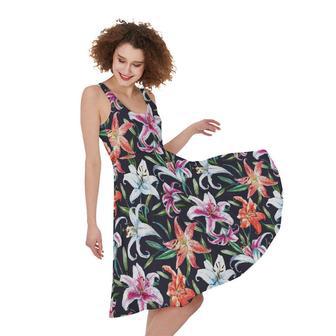 Watercolor Lily Flowers Pattern Print Sleeveless Knee Length Dress | Newhawaiianshirts UK