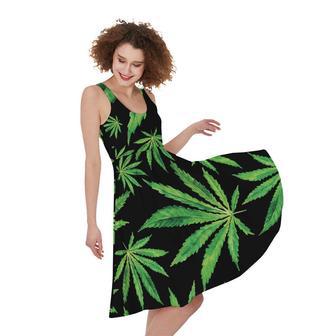 Watercolor Marijuana Leaf Pattern Print Sleeveless Knee Length Dress | Newhawaiianshirts CA