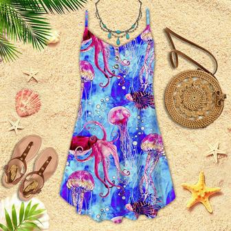 Watercolor Octopus And Jellyfish On Blue Sea Spaghetti Strap Summer Dress | Newhawaiianshirts CA