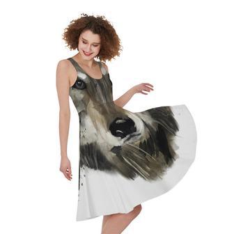 Watercolor Painting Wolf Print Sleeveless Knee Length Dress | Newhawaiianshirts