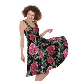 Watercolor Peony Pattern Print Sleeveless Knee Length Dress | Newhawaiianshirts CA