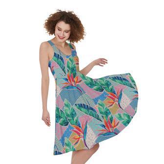 Watercolor Tropical Patchwork Print Sleeveless Knee Length Dress | Newhawaiianshirts CA