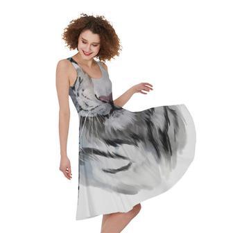 Watercolor White Bengal Tiger Print Sleeveless Knee Length Dress | Newhawaiianshirts