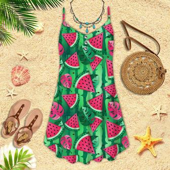 Watermelon Slices And Tropic Leaves Spaghetti Strap Summer Dress | Newhawaiianshirts CA